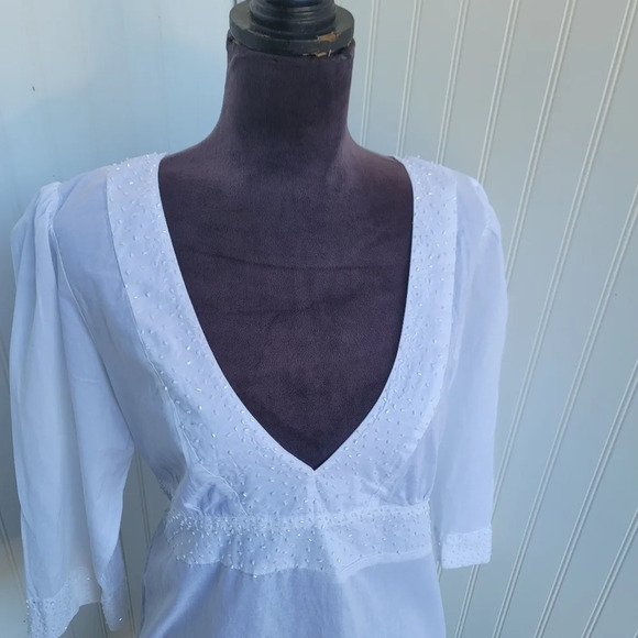 SWIM SYSTEMS 3/4 Sleeve Cover Up DRESS V-Neck Tie White Cotton Beaded Size L - Picture 3 of 13